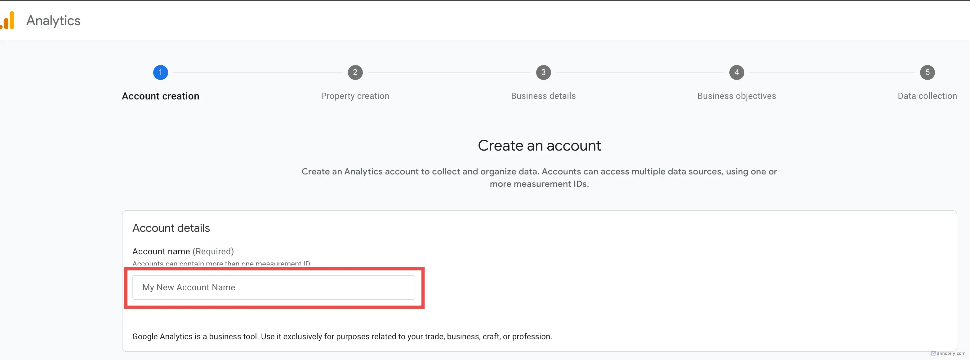 Google Analytics interface showing account creation with account name field and navigation to next step