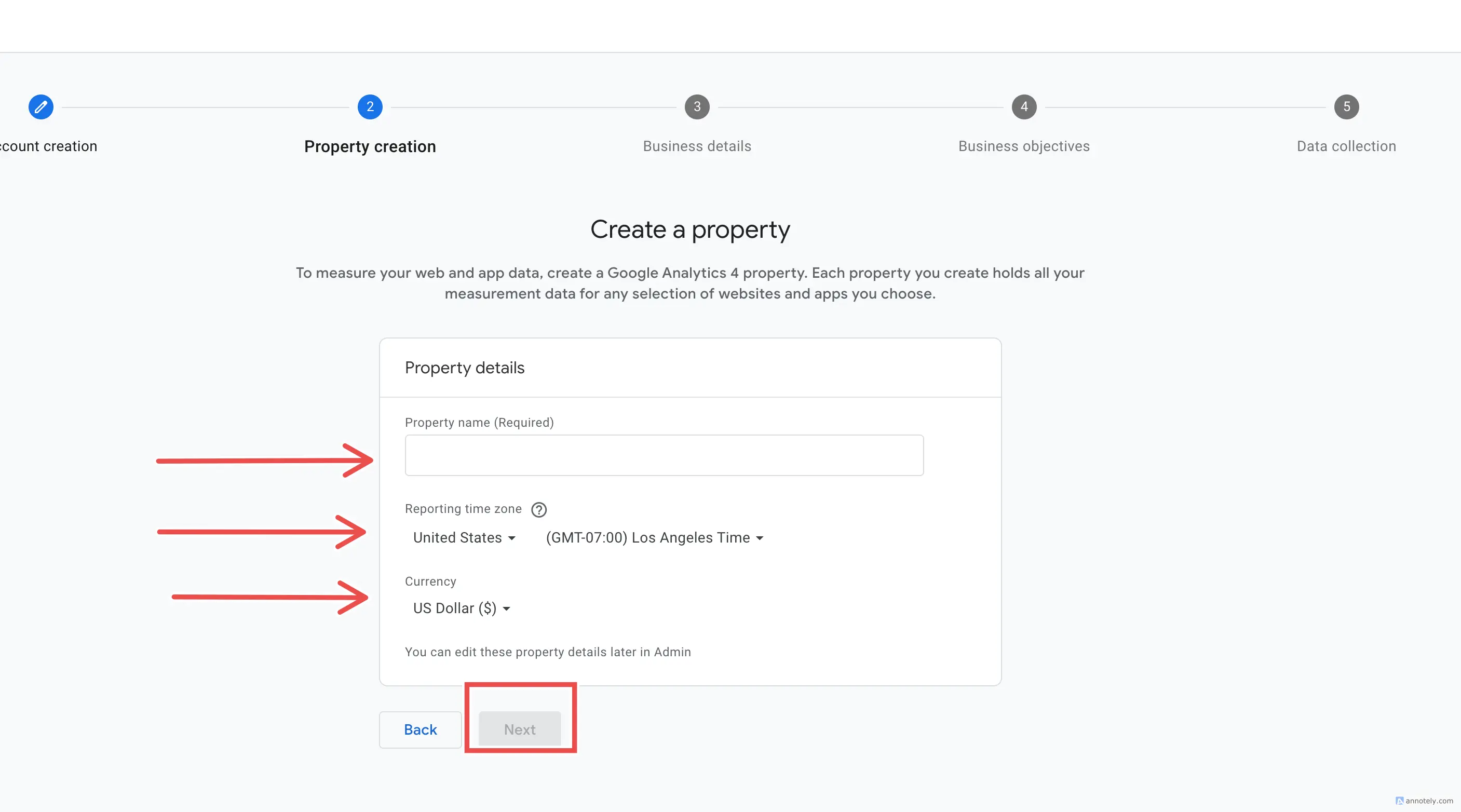 Google Analytics property setup form with property name, time zone, and currency fields