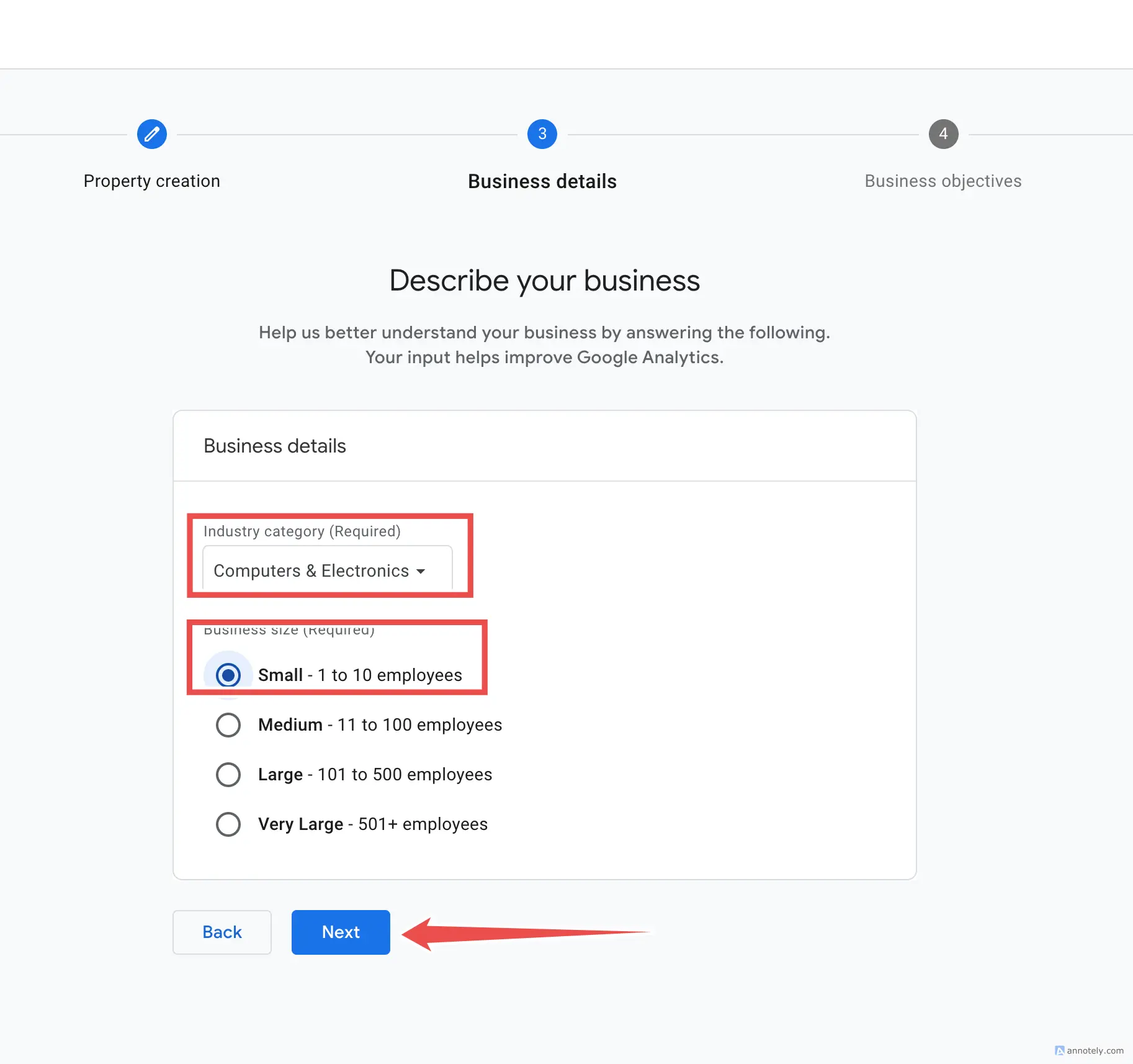 Business details step in Google Analytics with industry category and organization size selectors