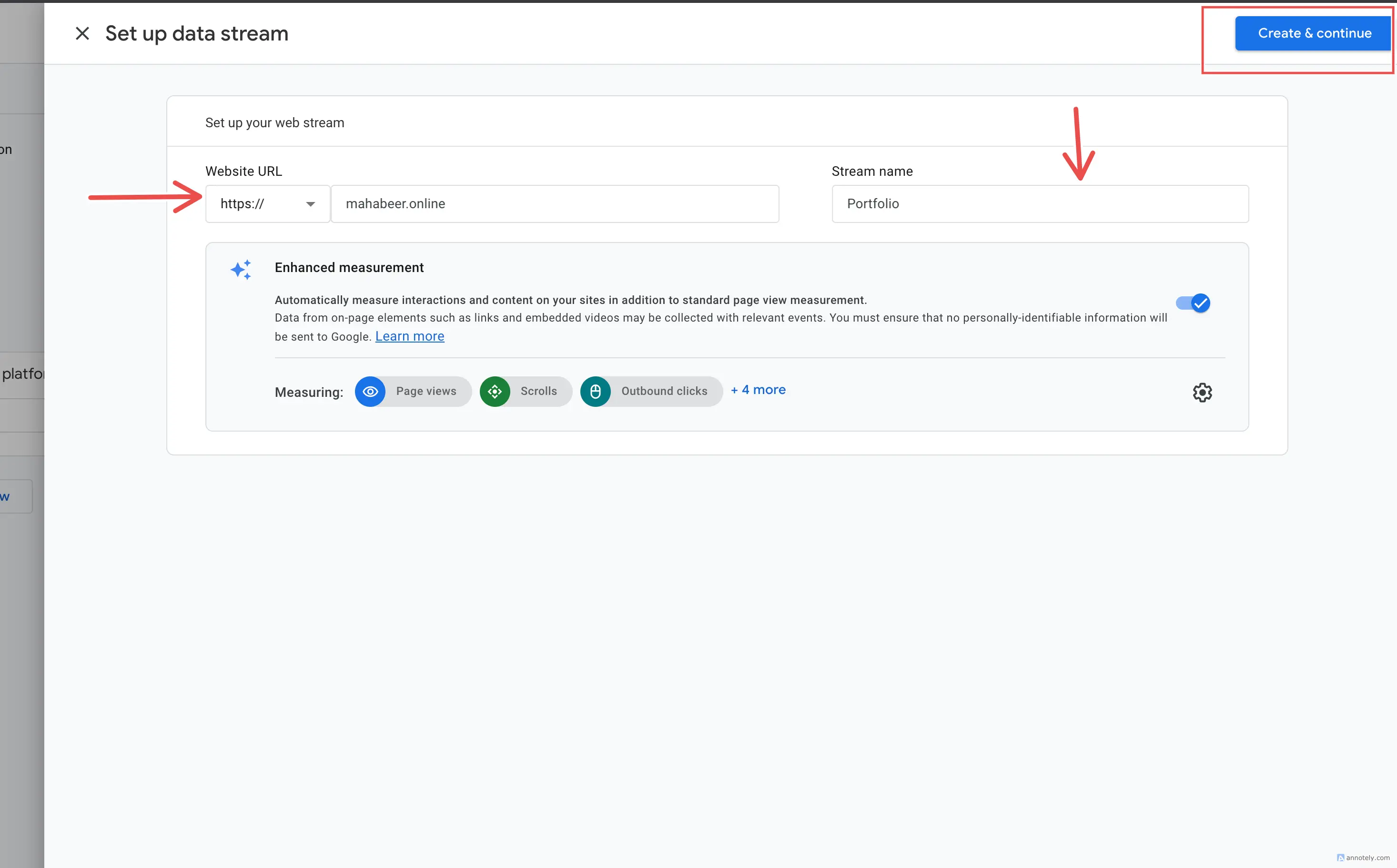 Google Analytics add web stream form with website URL and stream name fields