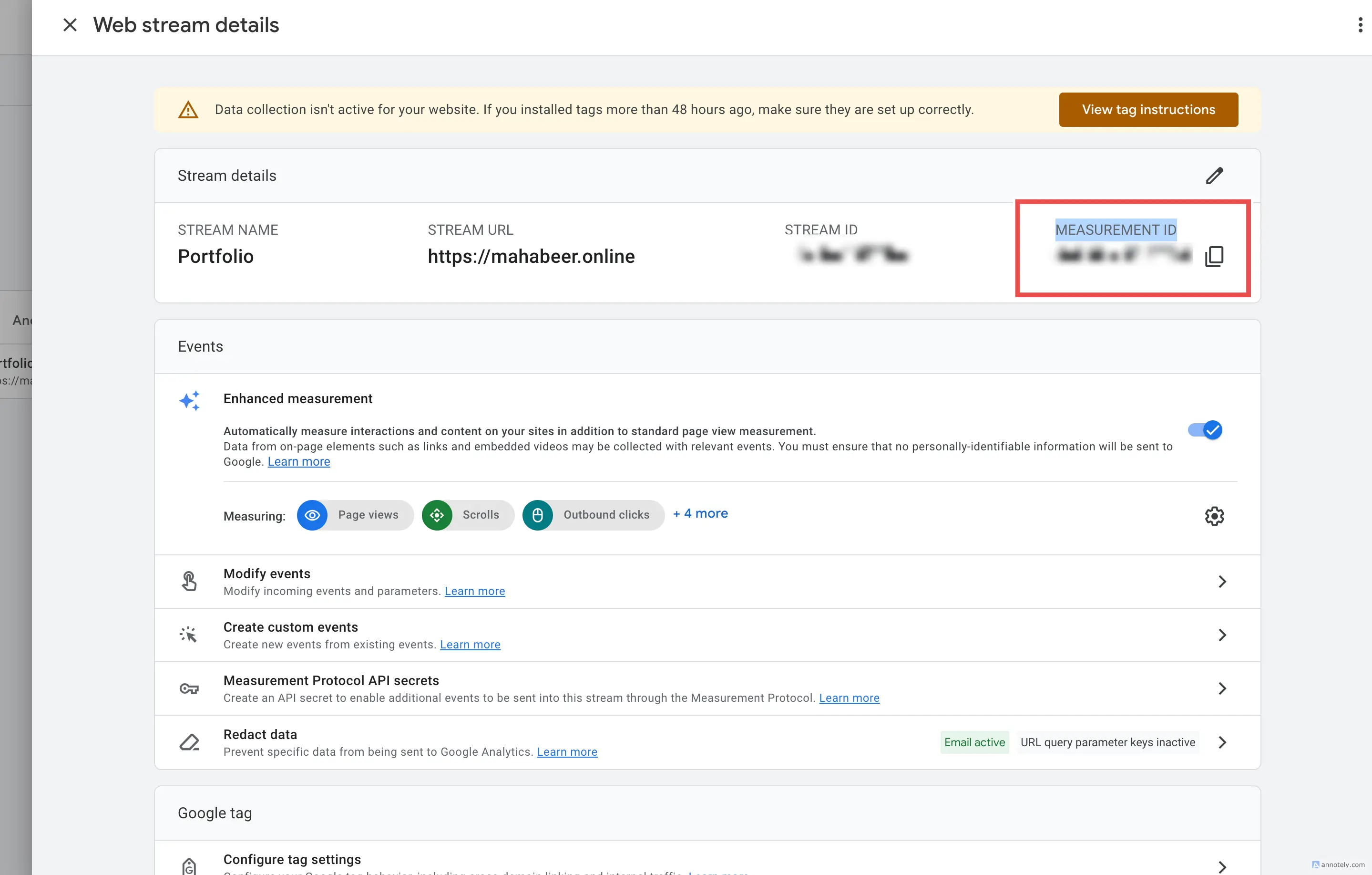 Google Analytics web stream details showing Measurement ID G- format and stream configuration