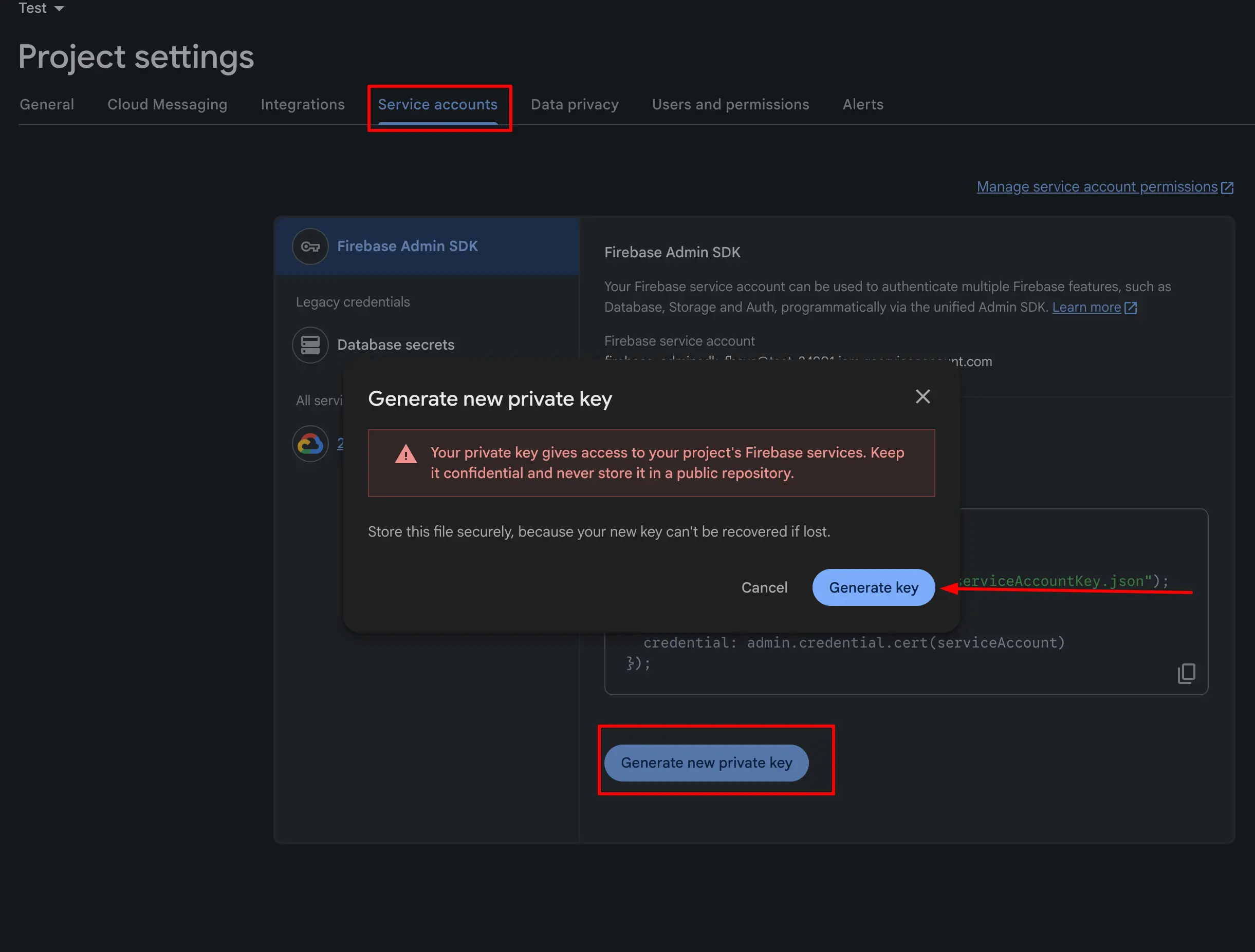Firebase Admin SDK section showing Node.js tab selected and the Generate new private key button