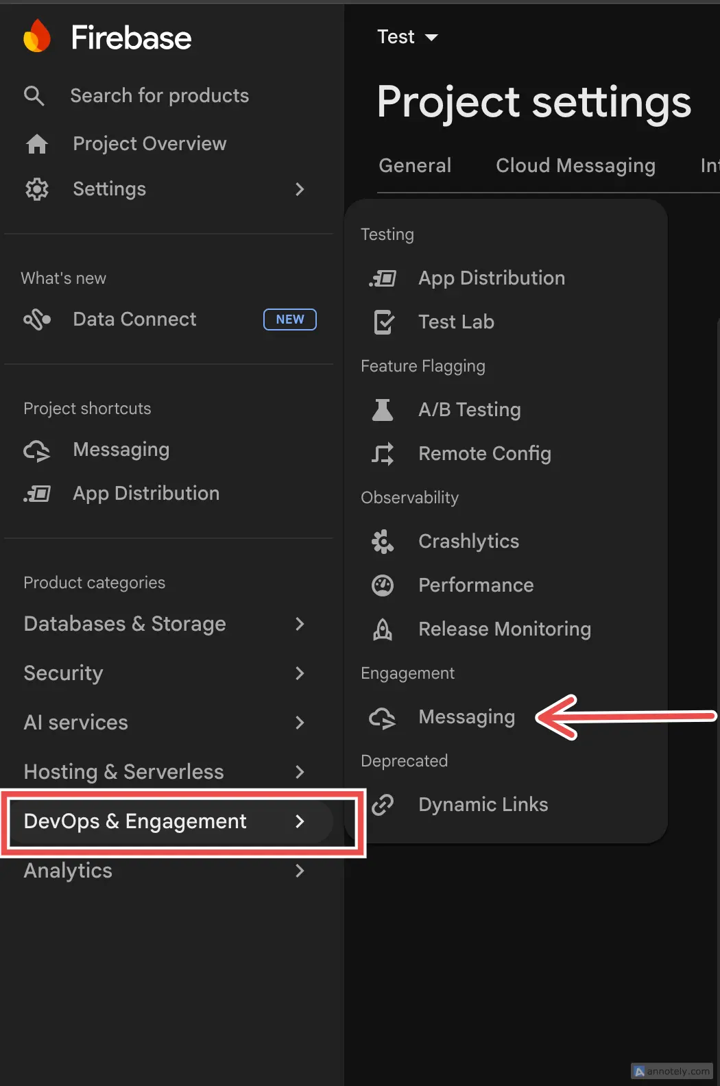 Firebase Console sidebar showing the Engage section with Messaging option highlighted