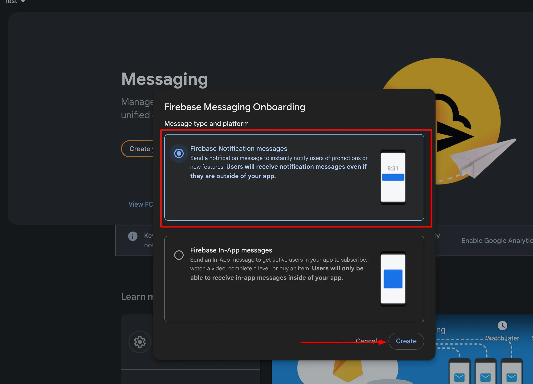 Campaign type selection showing Firebase Notification messages option selected