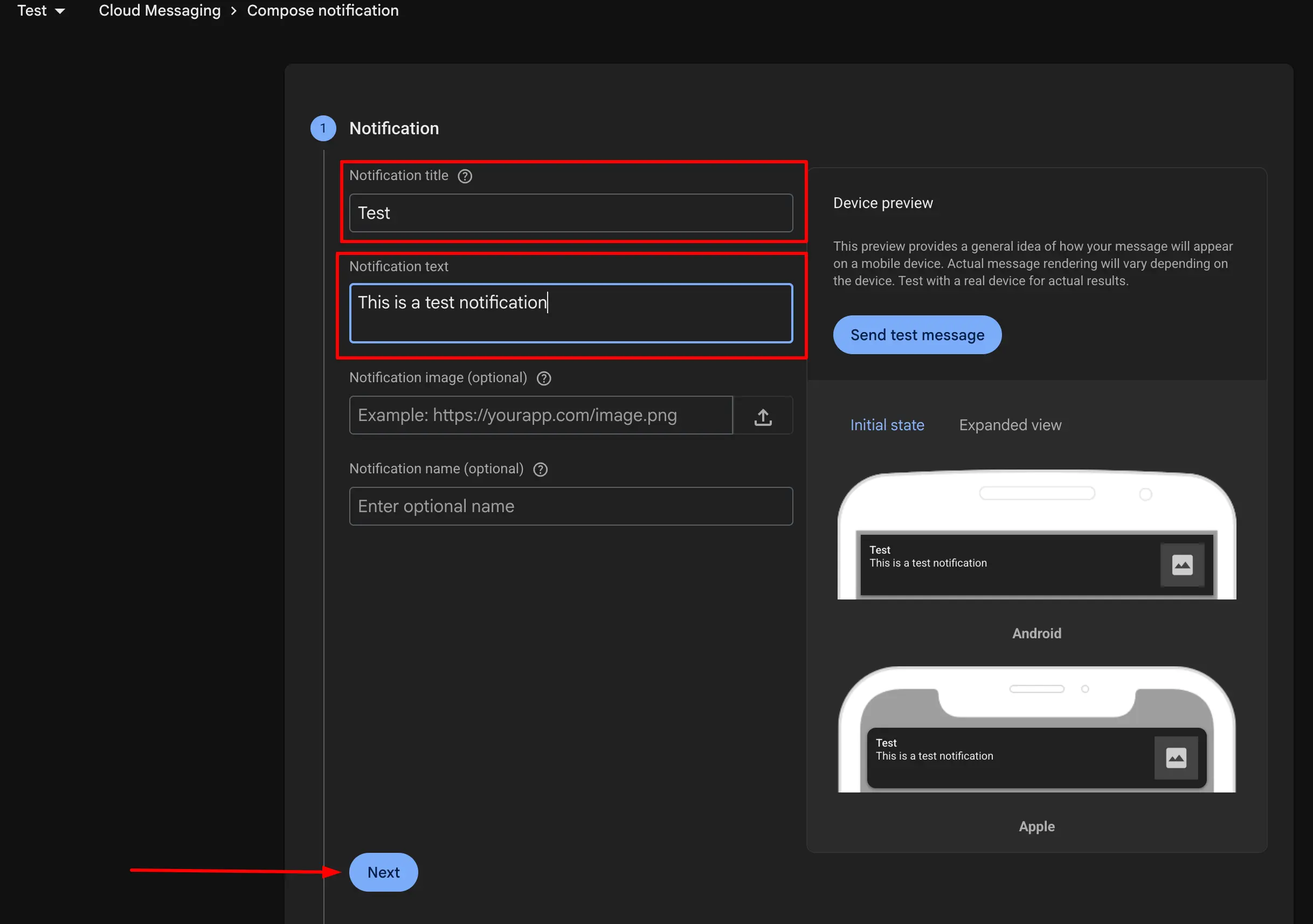 Firebase notification composer showing title and text fields filled with test values