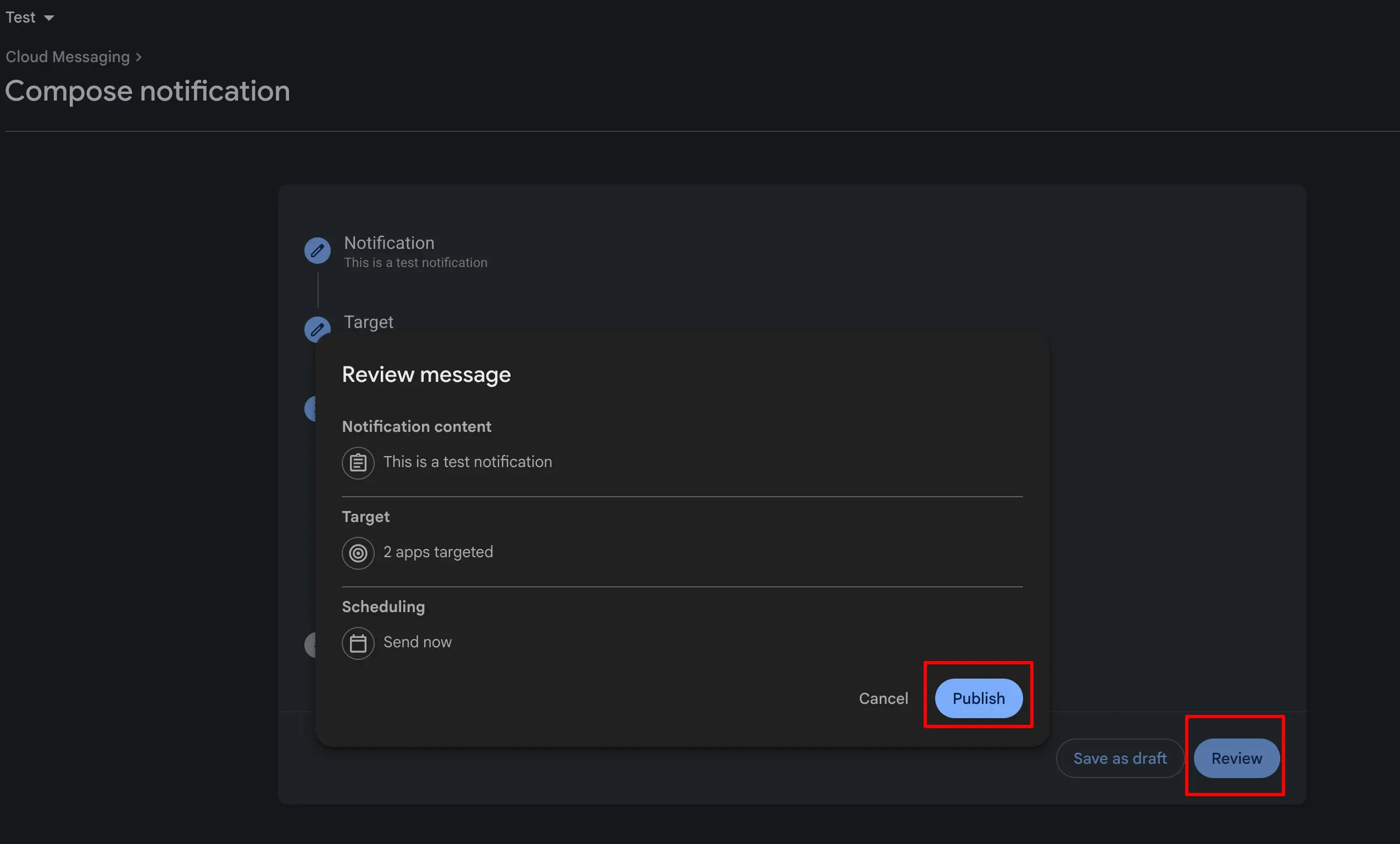 Firebase notification review modal showing notification details and Publish button