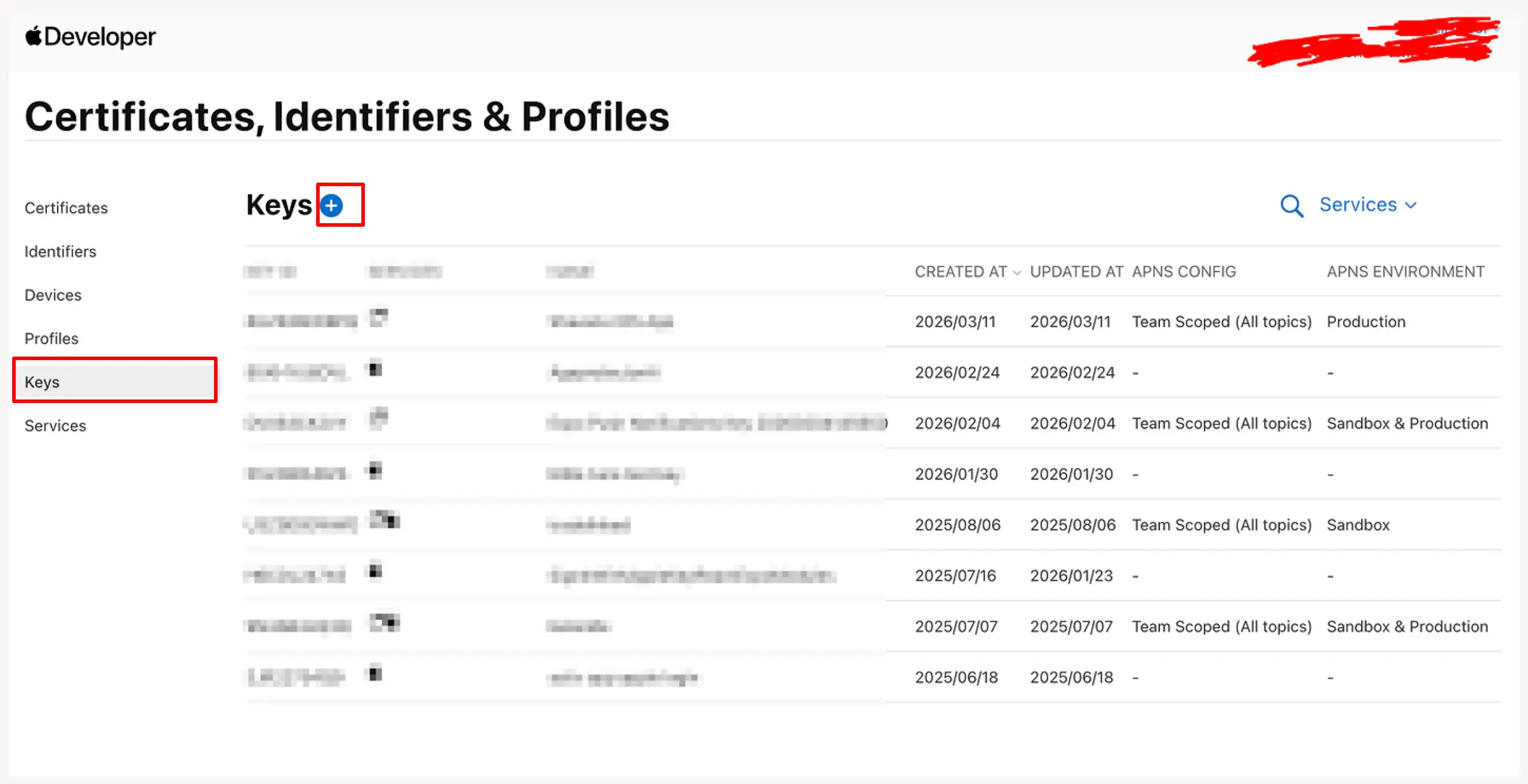 Keys listing page with the plus icon highlighted to create a new key