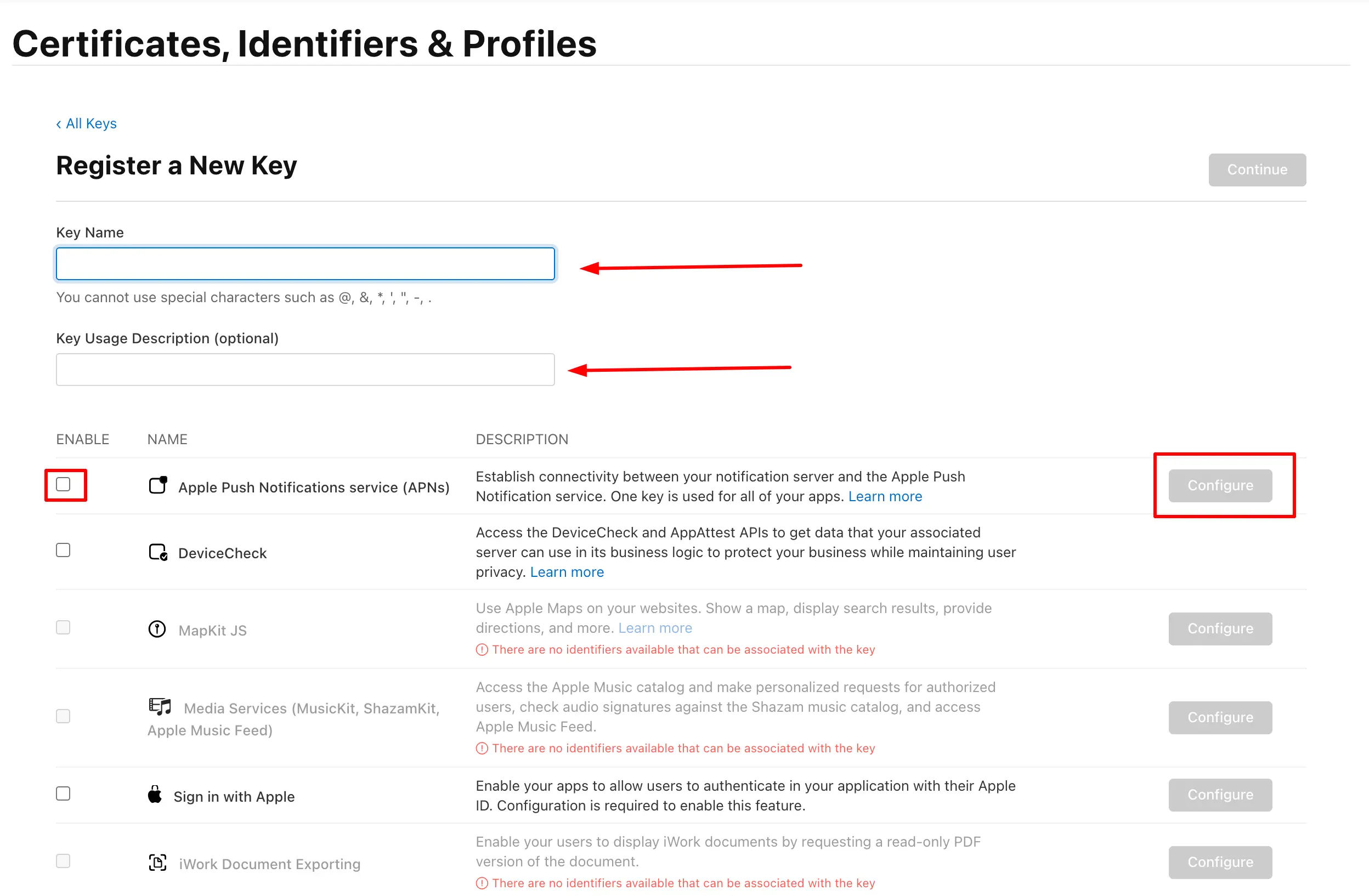 Register a New Key page with key name field and APNs checkbox enabled