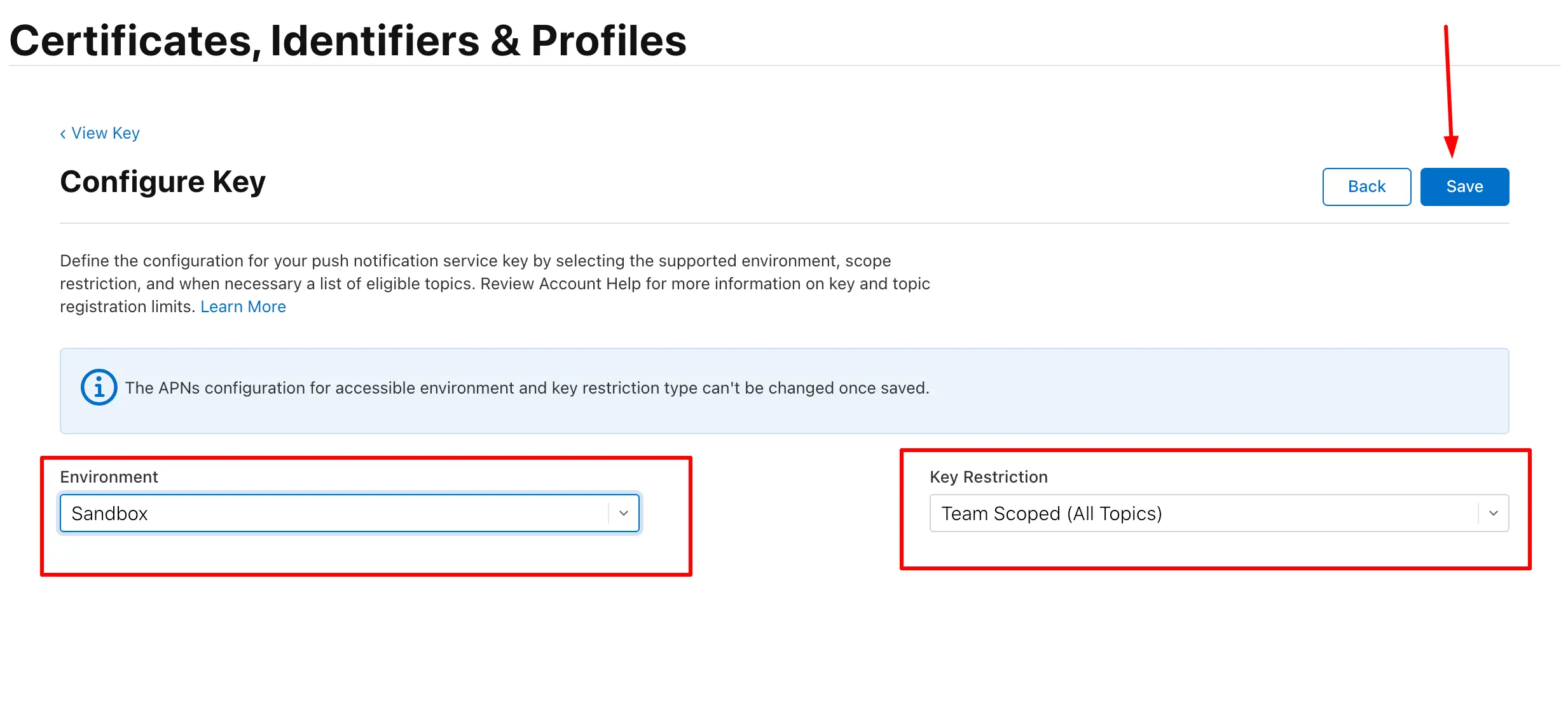 Configure Key page showing environment dropdown with Sandbox and Production options