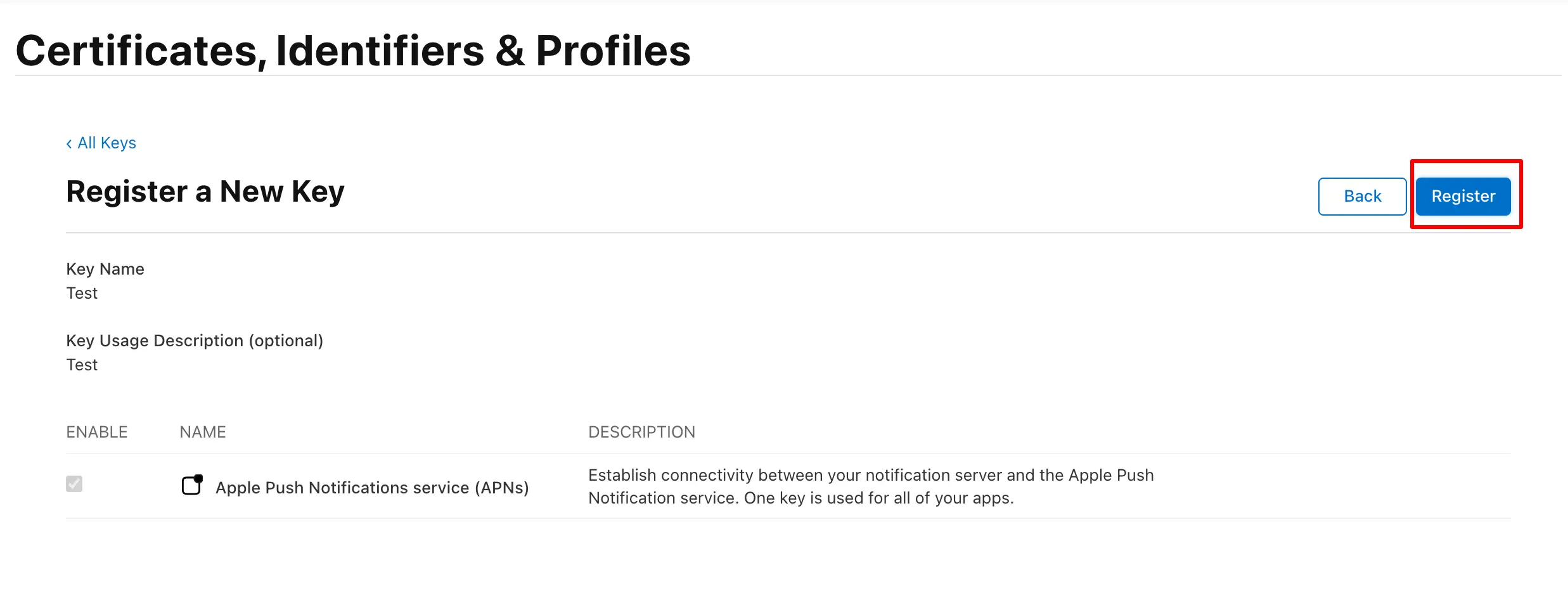Key registration confirmation page with Register button