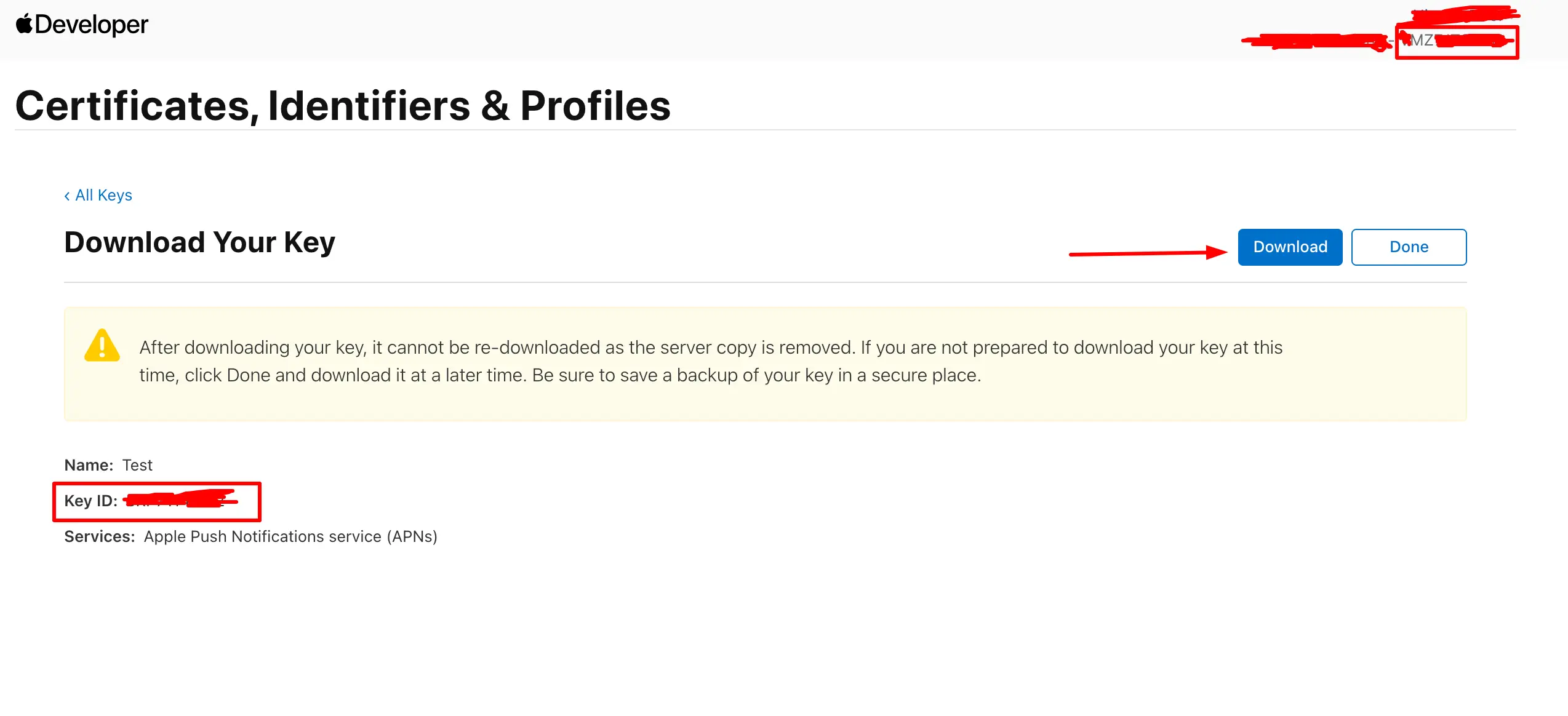 Key details page showing the Key ID and instructions to find Team ID