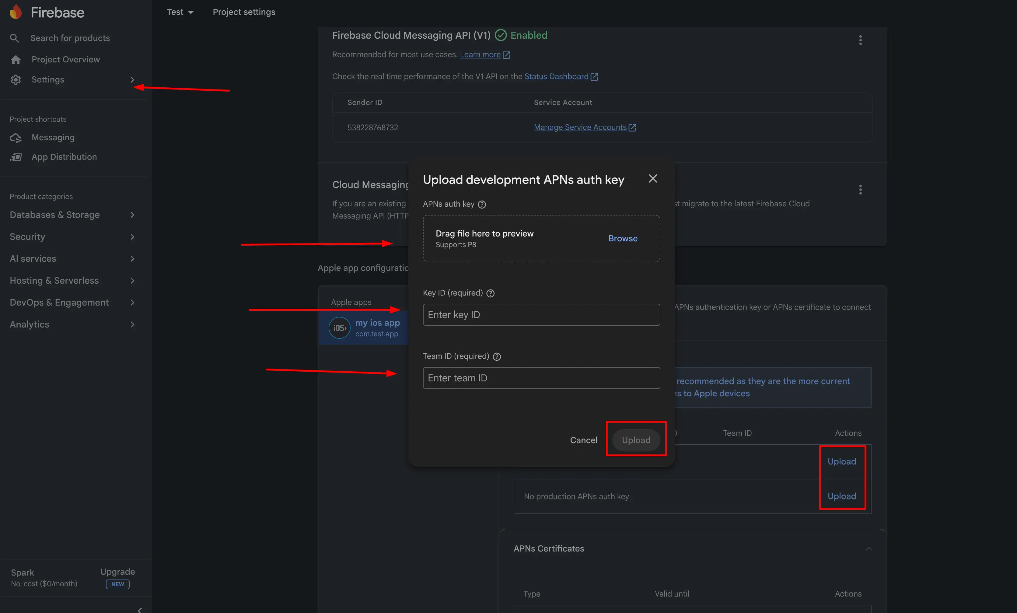 Firebase Cloud Messaging settings showing Apple app configuration and APNs key upload