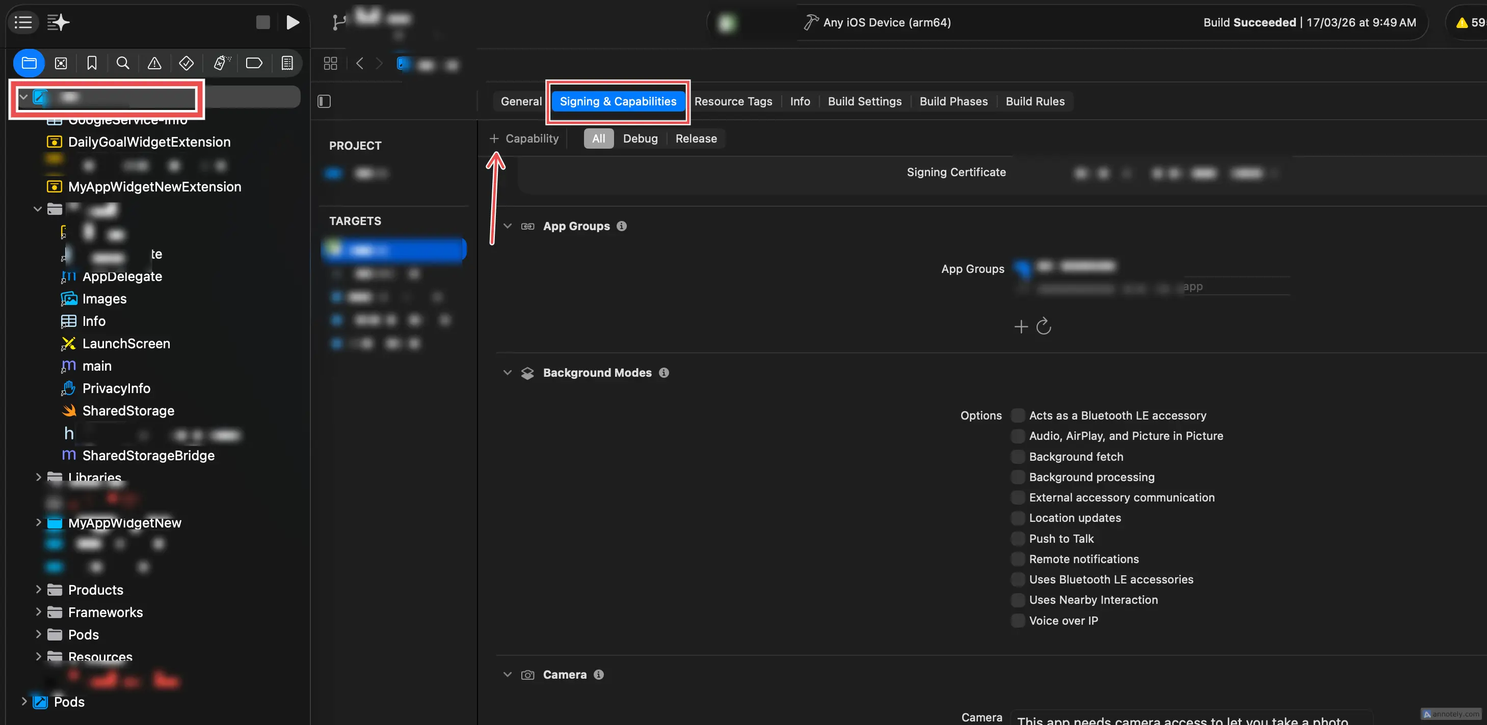 Xcode Signing and Capabilities with Push Notifications and Background Modes enabled