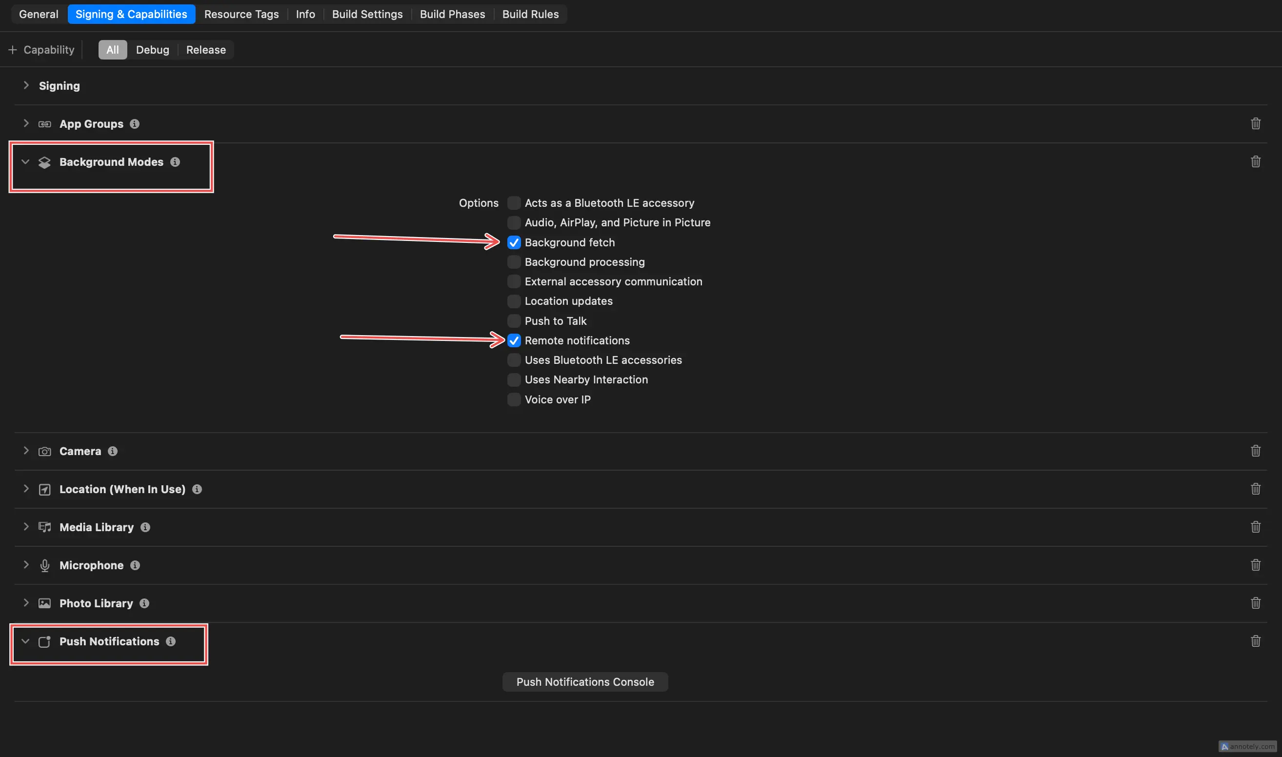 Xcode Signing and Capabilities with Push Notifications and Background Modes enabled