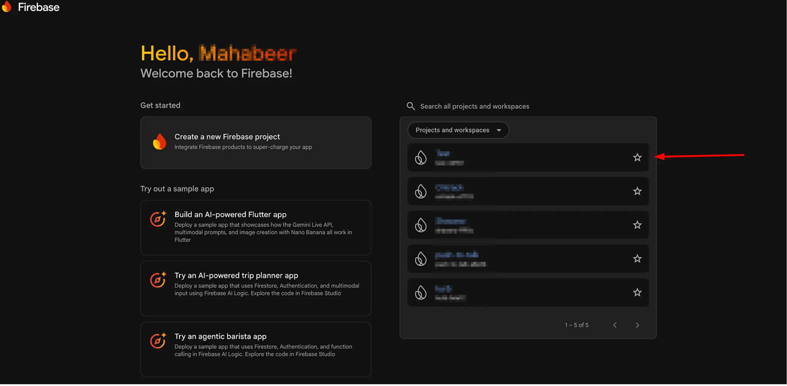 Firebase Console dashboard showing list of projects