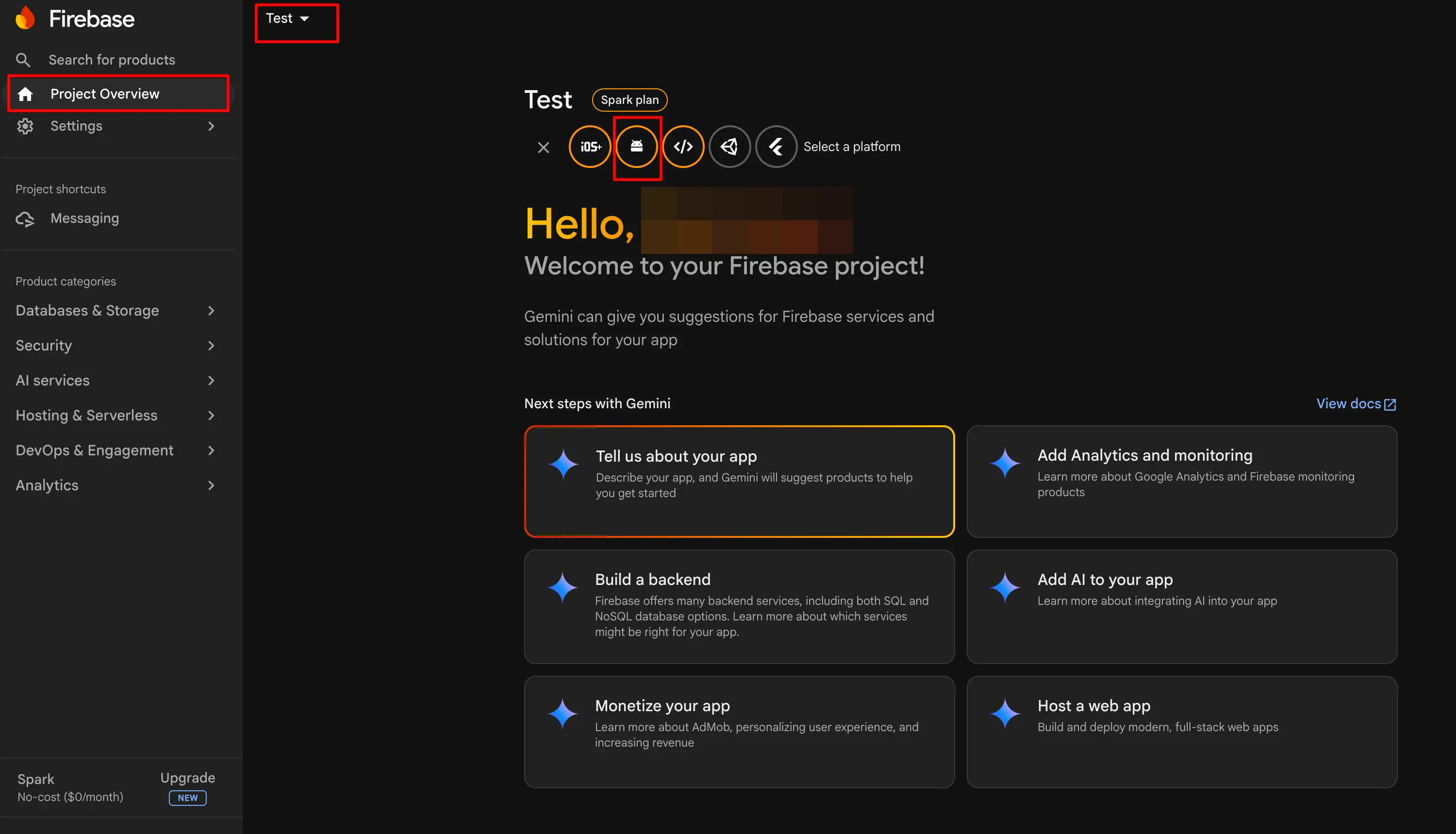 Firebase Project Overview page with the Add App button and platform selection showing Android icon