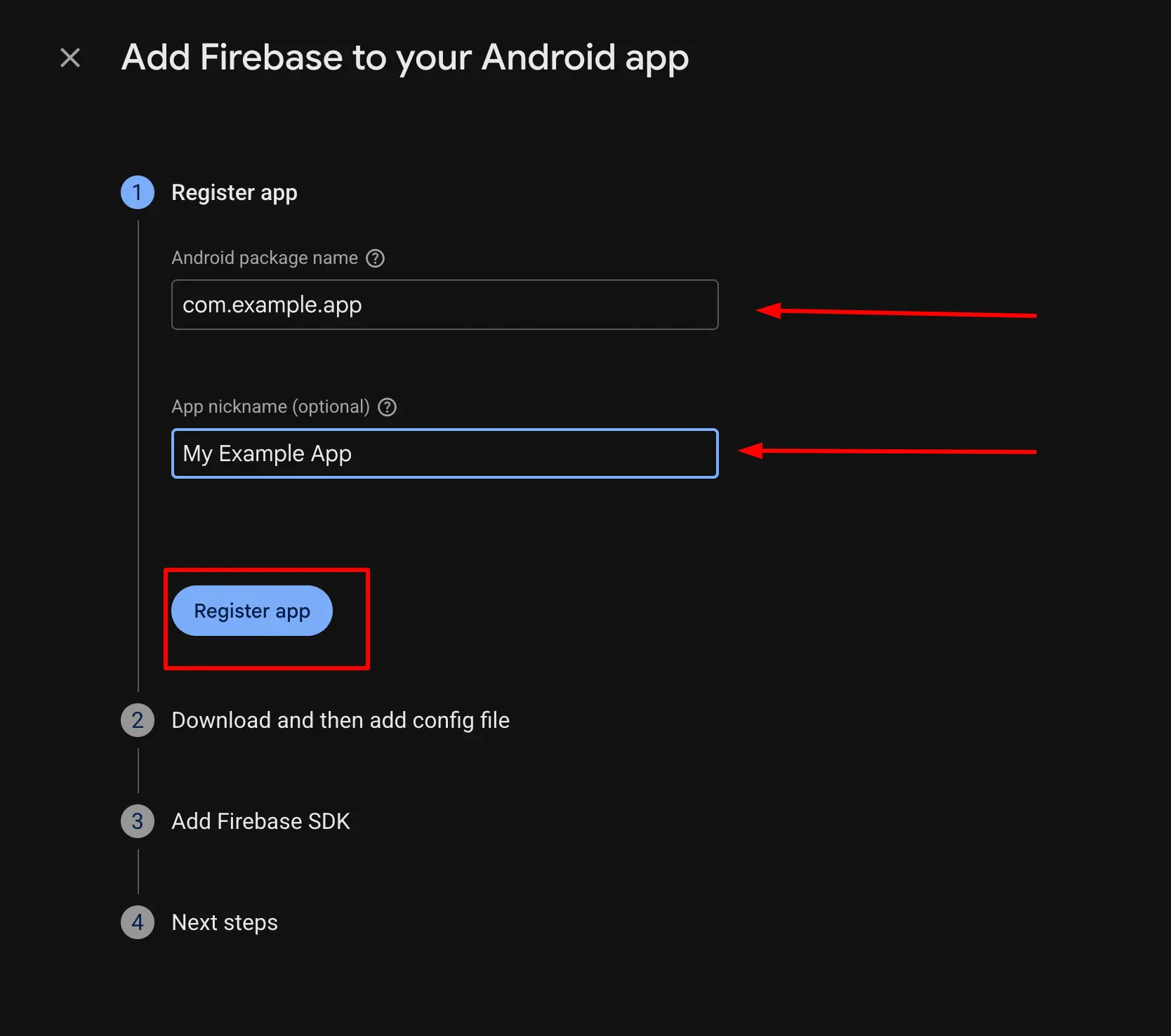 Firebase Add Android App form showing package name field and optional nickname field