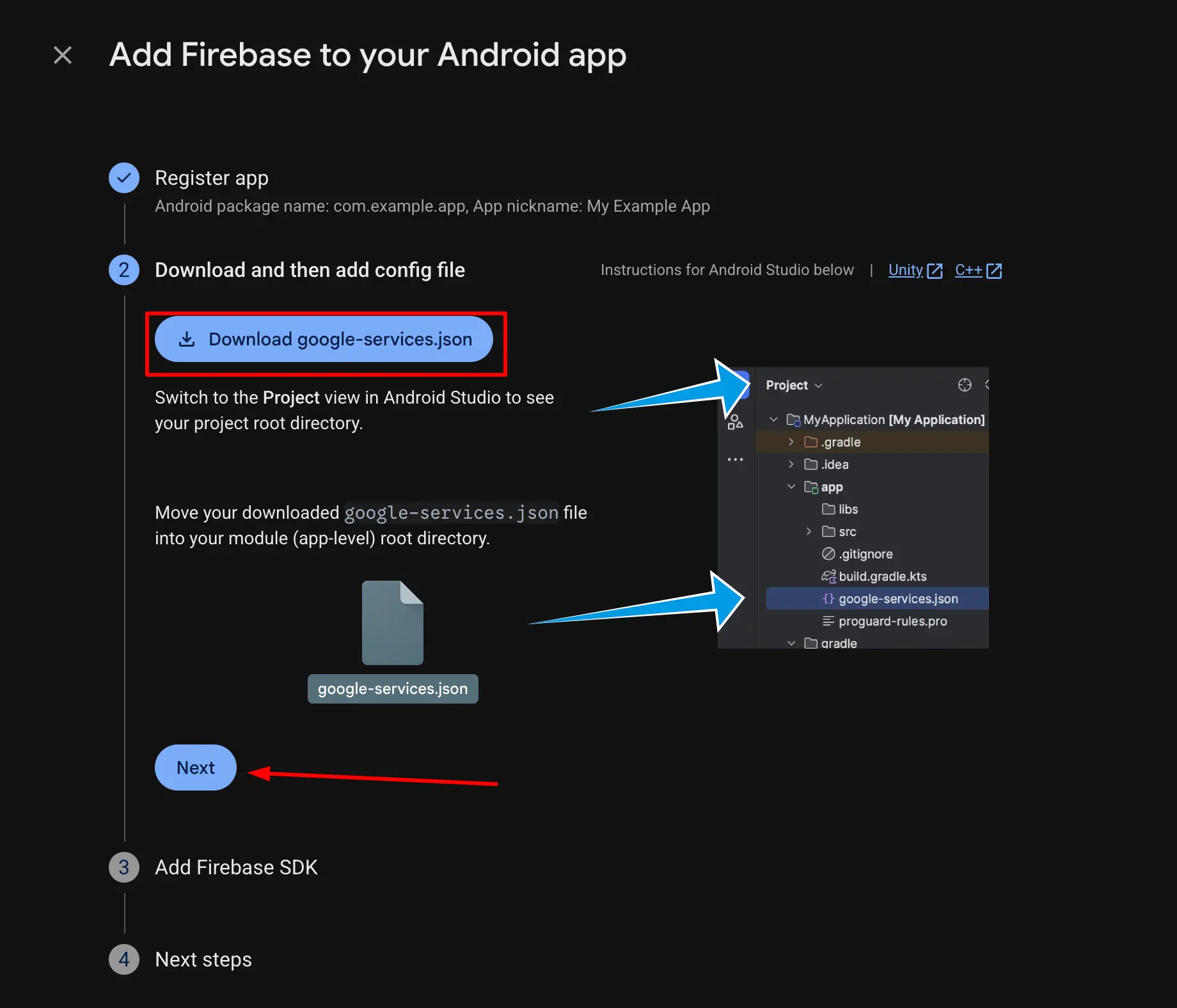 Firebase Console showing the download button for google-services.json file