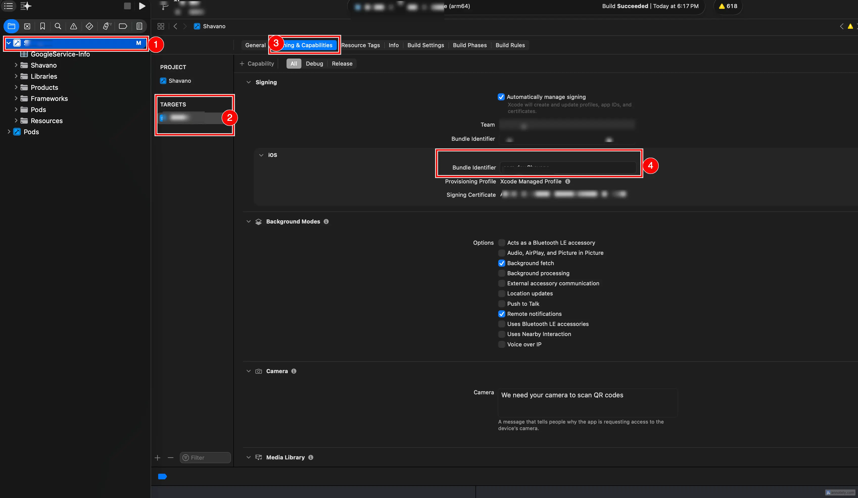 Xcode Signing and Capabilities tab showing the Bundle Identifier field under the iOS Signing section