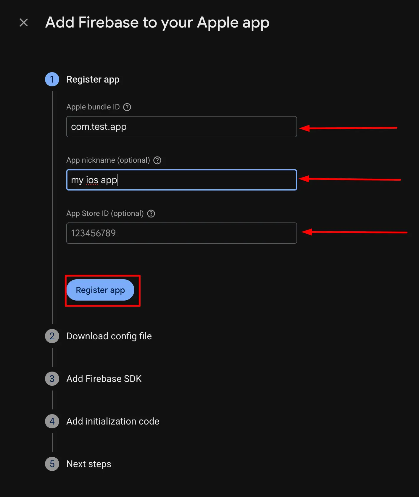 Firebase Register iOS App form showing Bundle ID, App nickname, and App Store ID fields